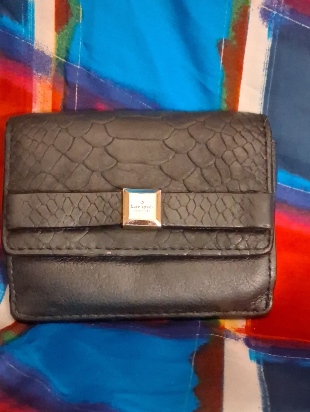 kate spade Black Embossed Leather Compact Wallet with Gold Accent